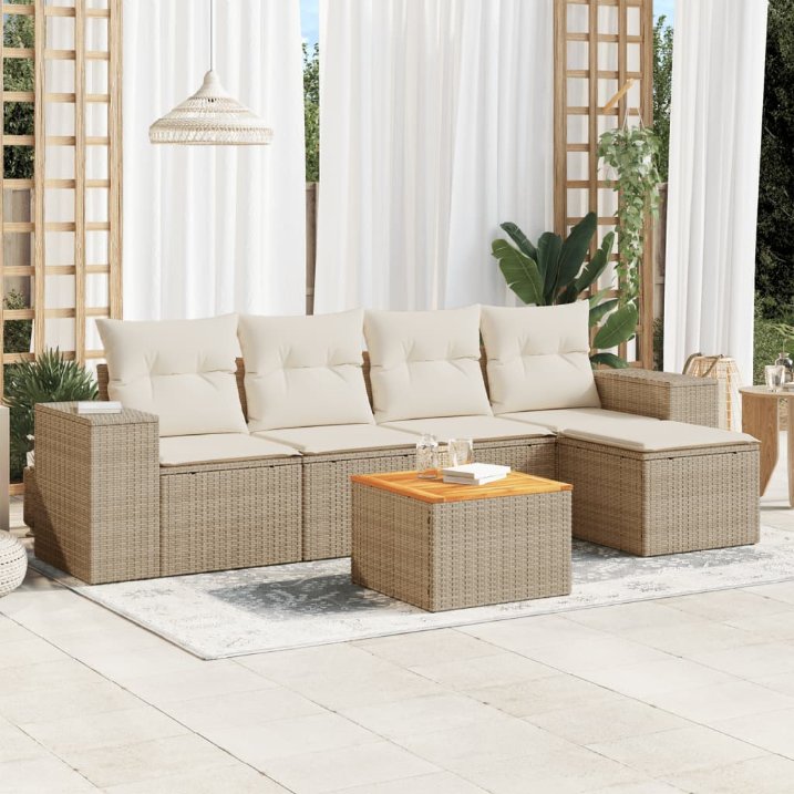 6-tlg. Garten-Sofagarnitur mit Kissen Schwarz Poly Rattan