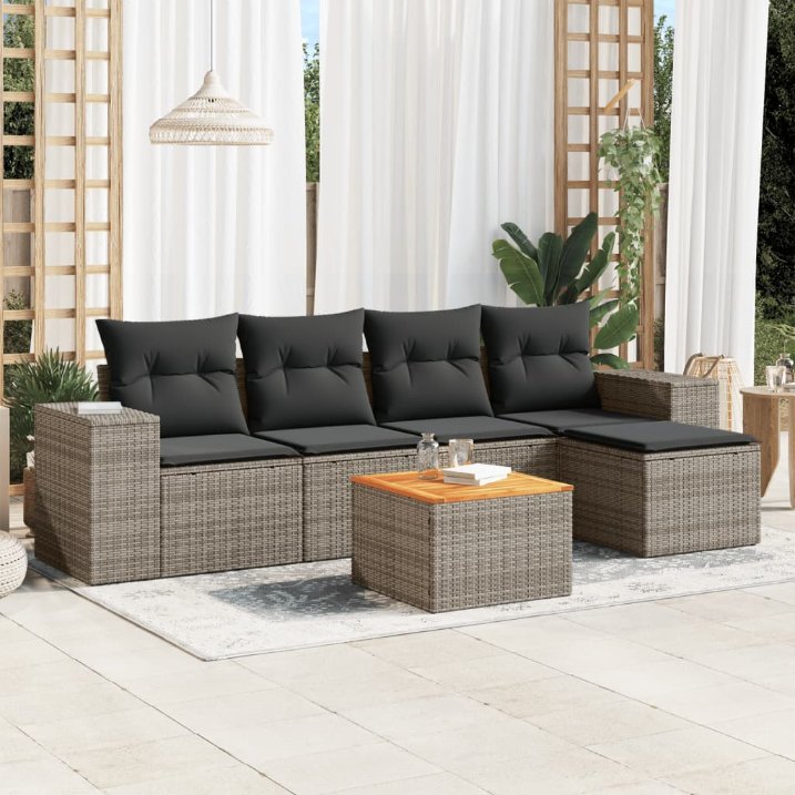 6-tlg. Garten-Sofagarnitur mit Kissen Schwarz Poly Rattan