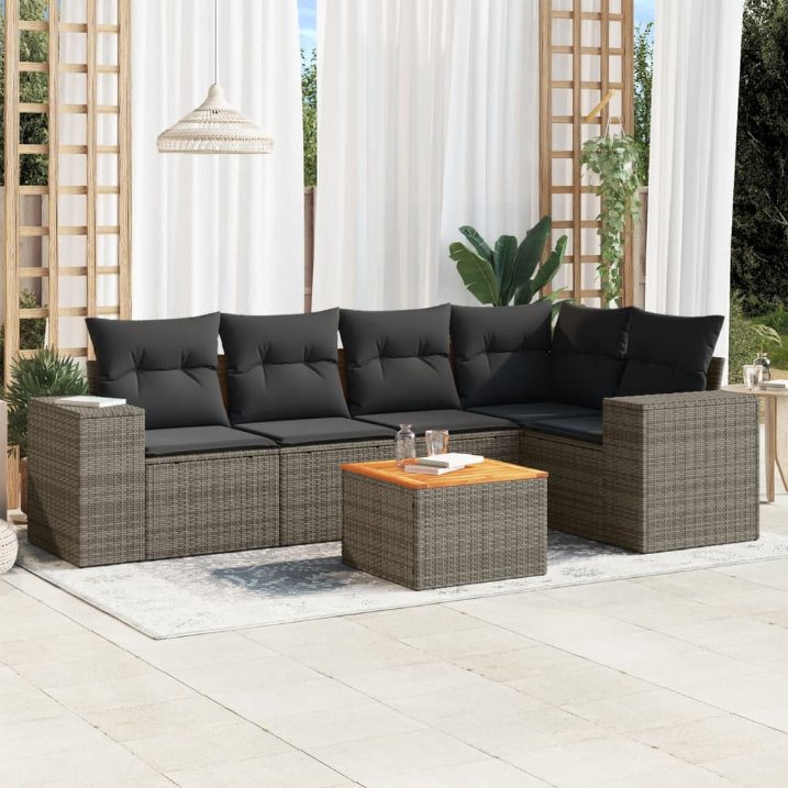 6-tlg. Garten-Sofagarnitur mit Kissen Schwarz Poly Rattan