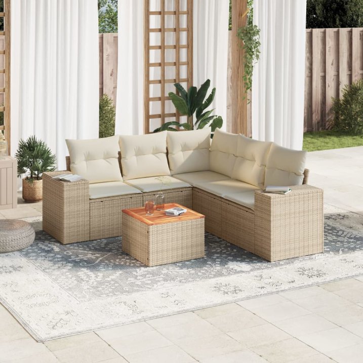 6-tlg. Garten-Sofagarnitur mit Kissen Schwarz Poly Rattan