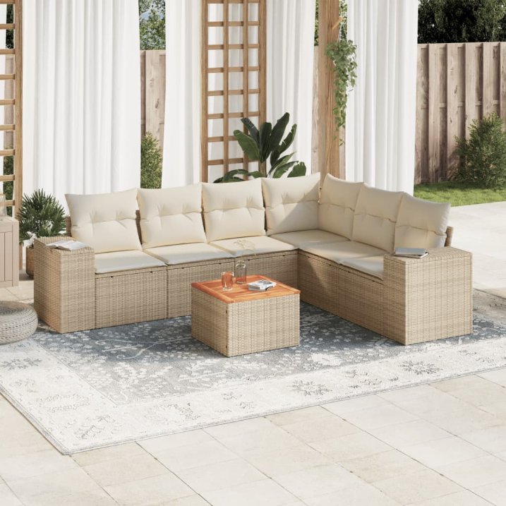 7-tlg. Garten-Sofagarnitur mit Kissen Schwarz Poly Rattan