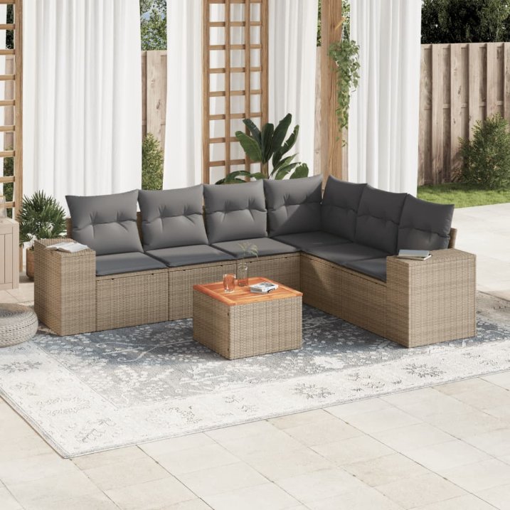 7-tlg. Garten-Sofagarnitur mit Kissen Schwarz Poly Rattan