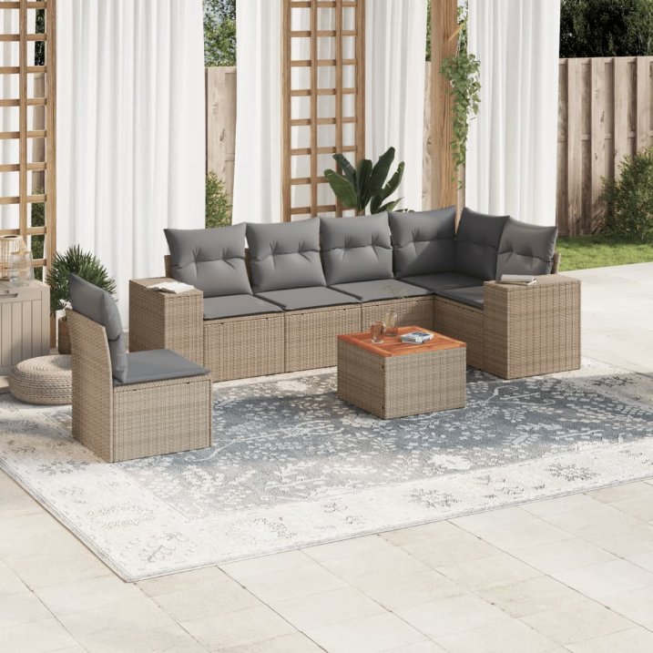 7-tlg. Garten-Sofagarnitur mit Kissen Schwarz Poly Rattan