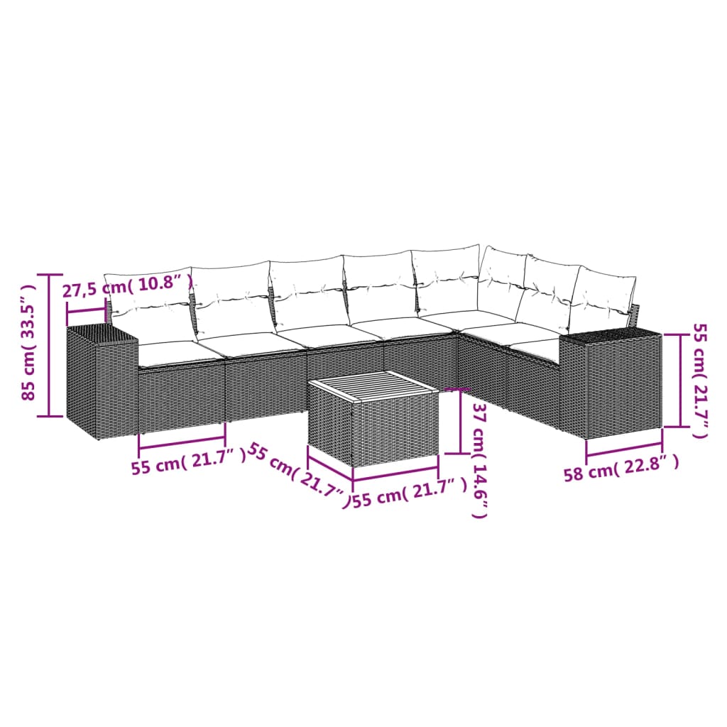 8-tlg. Garten-Sofagarnitur mit Kissen Schwarz Poly Rattan