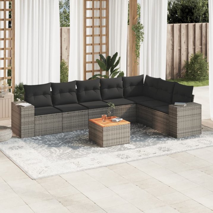 8-tlg. Garten-Sofagarnitur mit Kissen Schwarz Poly Rattan