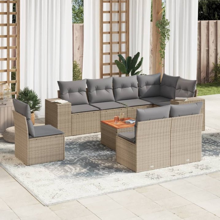 9-tlg. Garten-Sofagarnitur mit Kissen Schwarz Poly Rattan