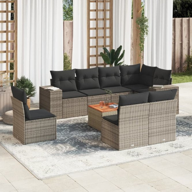 9-tlg. Garten-Sofagarnitur mit Kissen Schwarz Poly Rattan