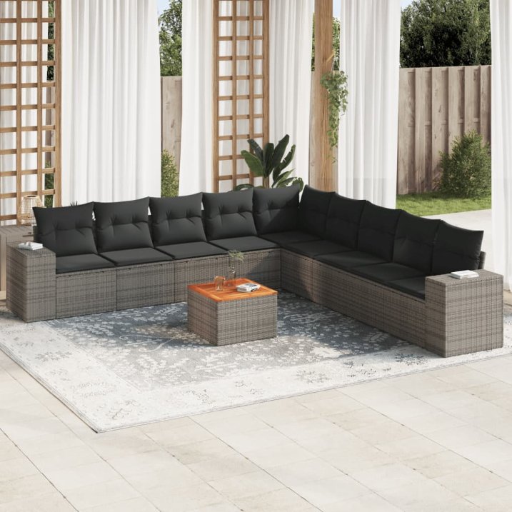 vidaXL 10-tlg. Garten-Sofagarnitur mit Kissen Schwarz Poly Rattan