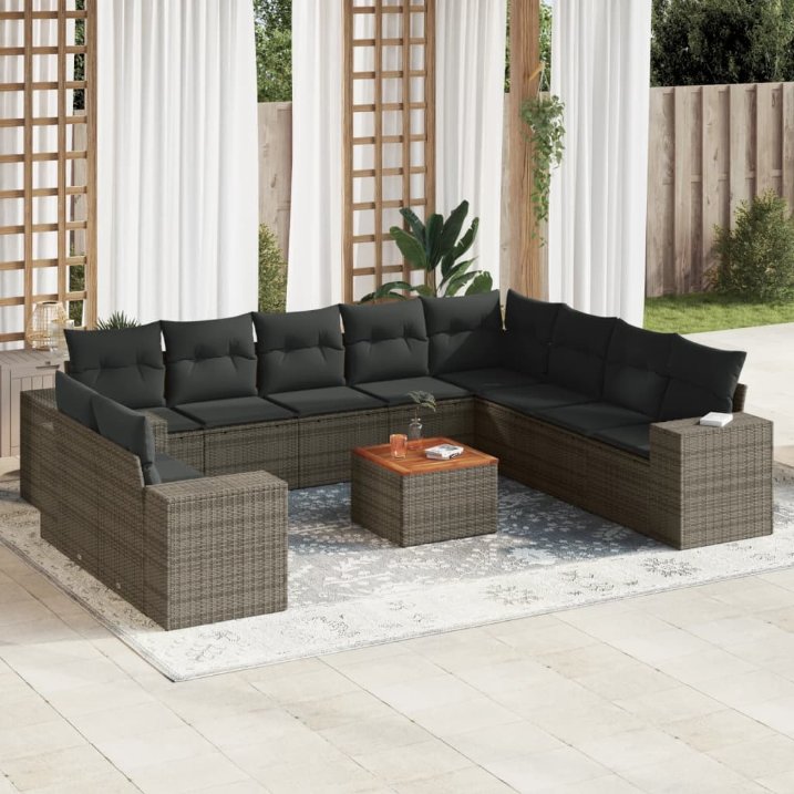 vidaXL 11-tlg. Garten-Sofagarnitur mit Kissen Schwarz Poly Rattan