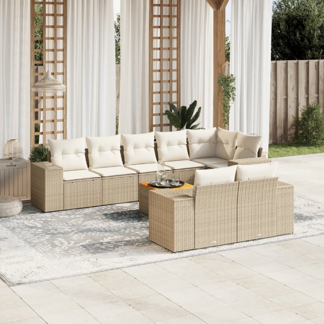 9-tlg. Garten-Sofagarnitur mit Kissen Schwarz Poly Rattan