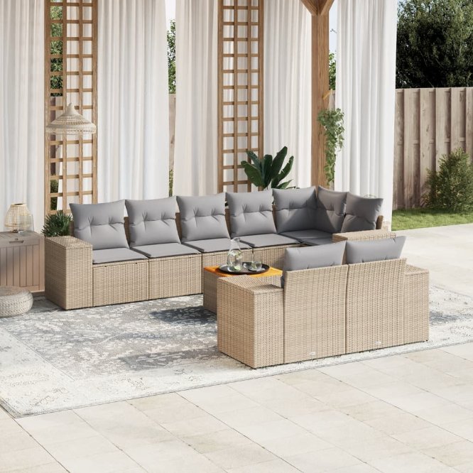 9-tlg. Garten-Sofagarnitur mit Kissen Schwarz Poly Rattan