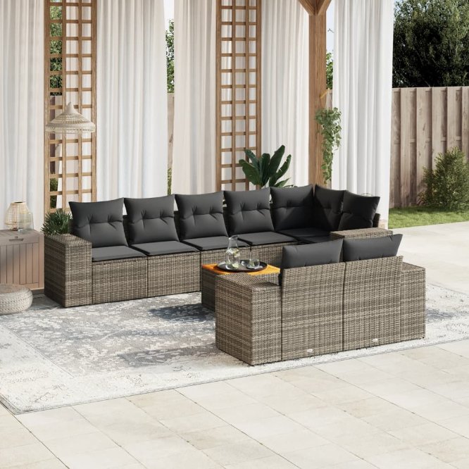 9-tlg. Garten-Sofagarnitur mit Kissen Schwarz Poly Rattan