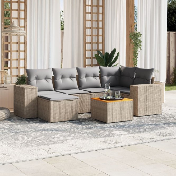 7-tlg. Garten-Sofagarnitur mit Kissen Schwarz Poly Rattan