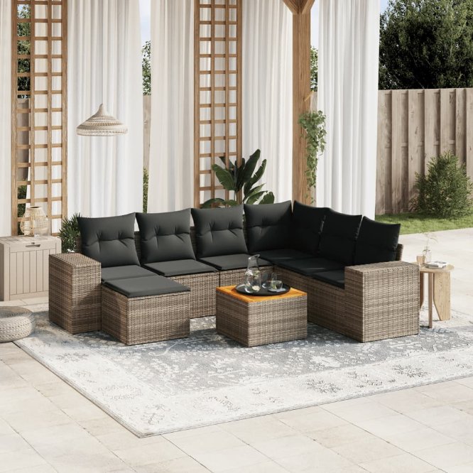 8-tlg. Garten-Sofagarnitur mit Kissen Schwarz Poly Rattan