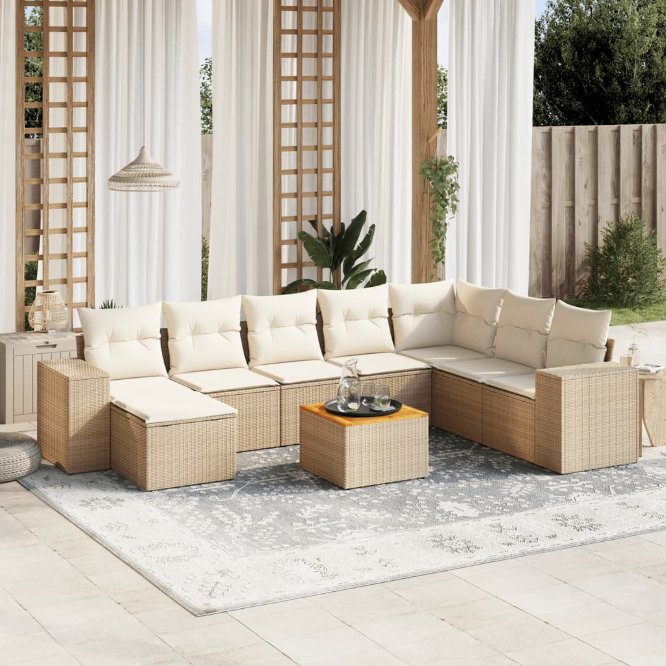 9-tlg. Garten-Sofagarnitur mit Kissen Schwarz Poly Rattan