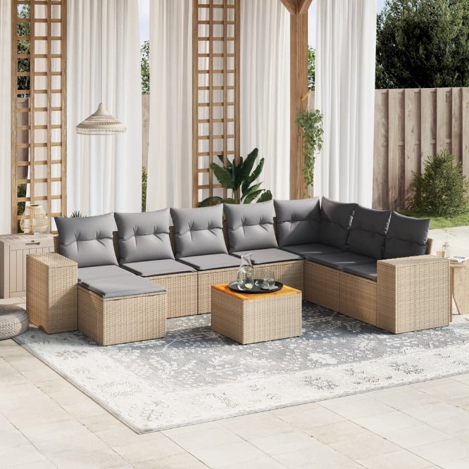 9-tlg. Garten-Sofagarnitur mit Kissen Schwarz Poly Rattan