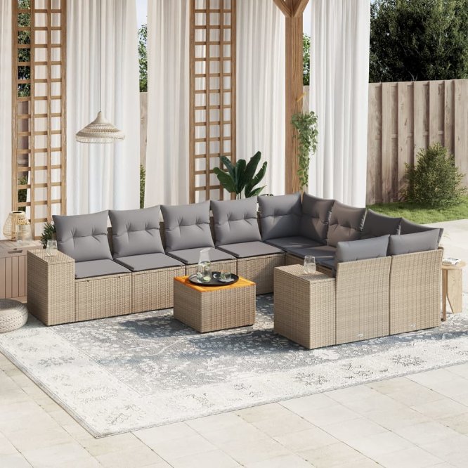 vidaXL 10-tlg. Garten-Sofagarnitur mit Kissen Schwarz Poly Rattan