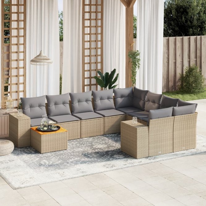 vidaXL 10-tlg. Garten-Sofagarnitur mit Kissen Schwarz Poly Rattan