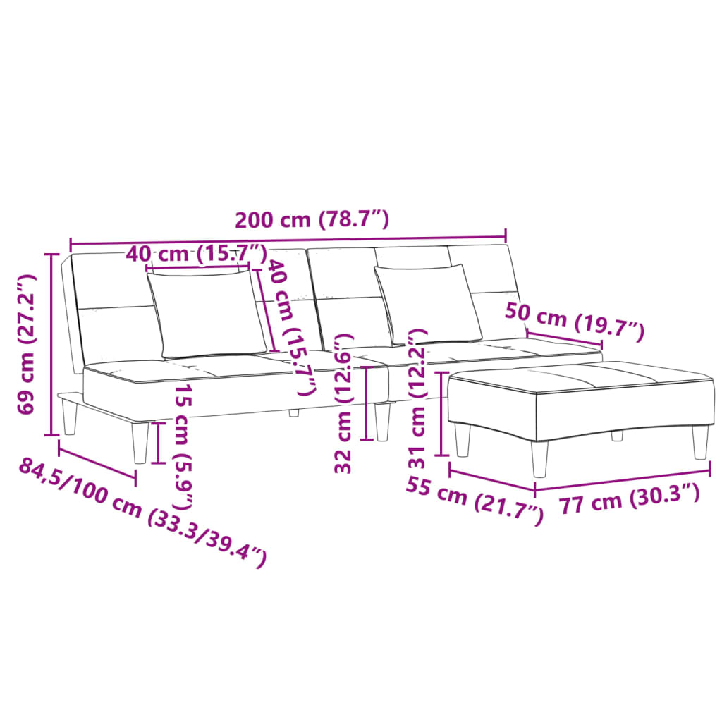 vidaXL Schlafsofa 2-Sitzer mit Fußhocker Hellgrau Stoff