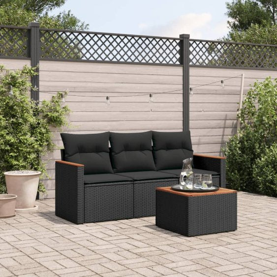 3-tlg. Garten-Sofagarnitur mit Kissen Schwarz Poly Rattan
