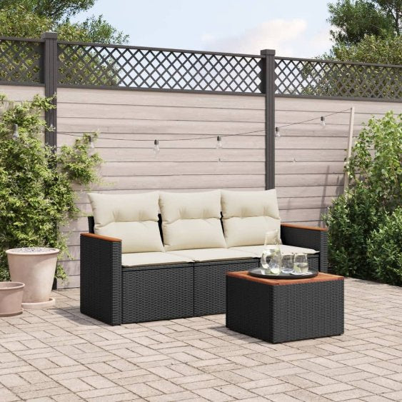 3-tlg. Garten-Sofagarnitur mit Kissen Schwarz Poly Rattan