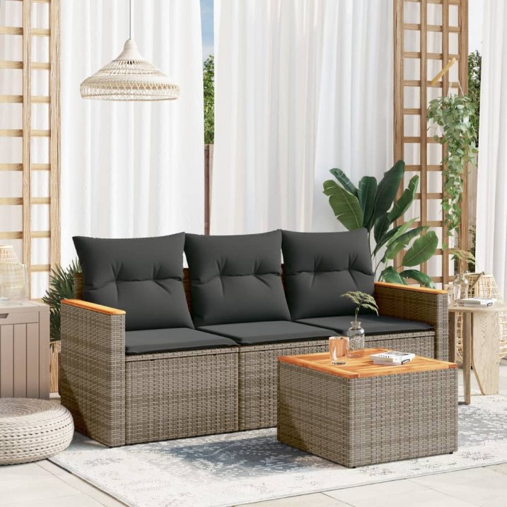 3-tlg. Garten-Sofagarnitur mit Kissen Schwarz Poly Rattan