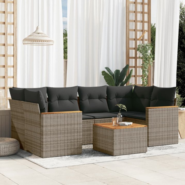 7-tlg. Garten-Sofagarnitur mit Kissen Schwarz Poly Rattan