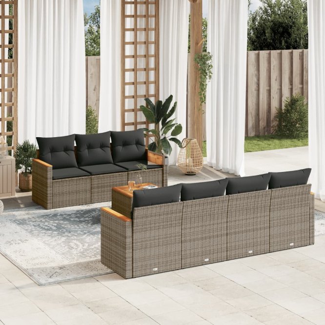 8-tlg. Garten-Sofagarnitur mit Kissen Schwarz Poly Rattan
