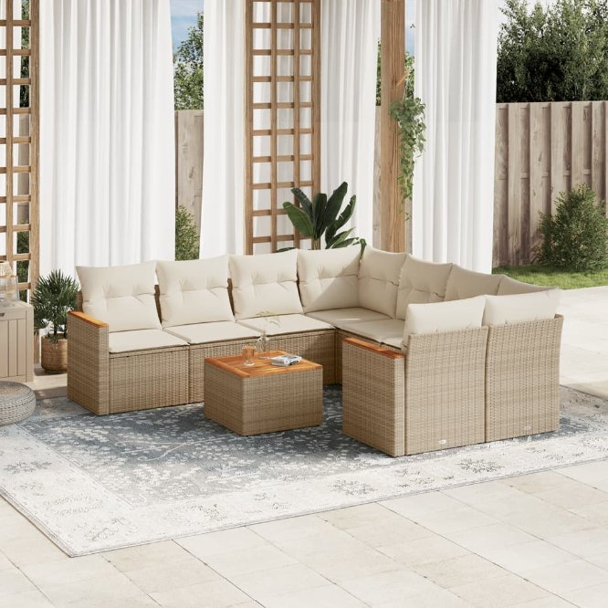 9-tlg. Garten-Sofagarnitur mit Kissen Schwarz Poly Rattan