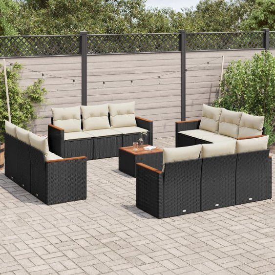 12-tlg. Garten-Sofagarnitur mit Kissen Schwarz Poly Rattan