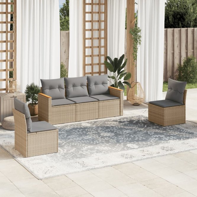 5-tlg. Garten-Sofagarnitur mit Kissen Schwarz Poly Rattan