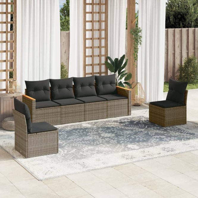 6-tlg. Garten-Sofagarnitur mit Kissen Schwarz Poly Rattan