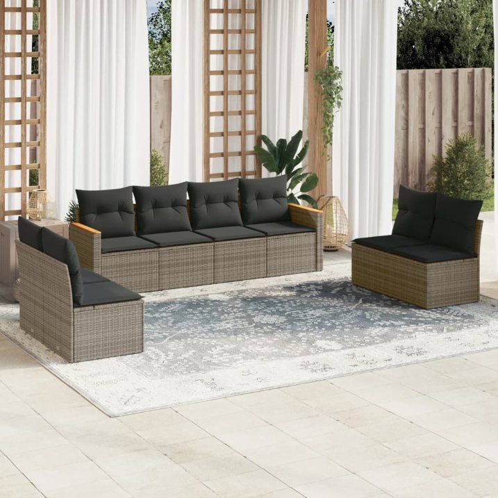 8-tlg. Garten-Sofagarnitur mit Kissen Schwarz Poly Rattan