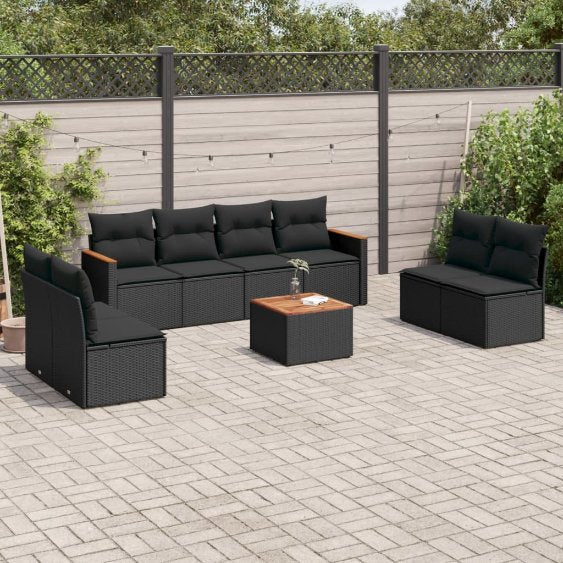 8-tlg. Garten-Sofagarnitur mit Kissen Schwarz Poly Rattan