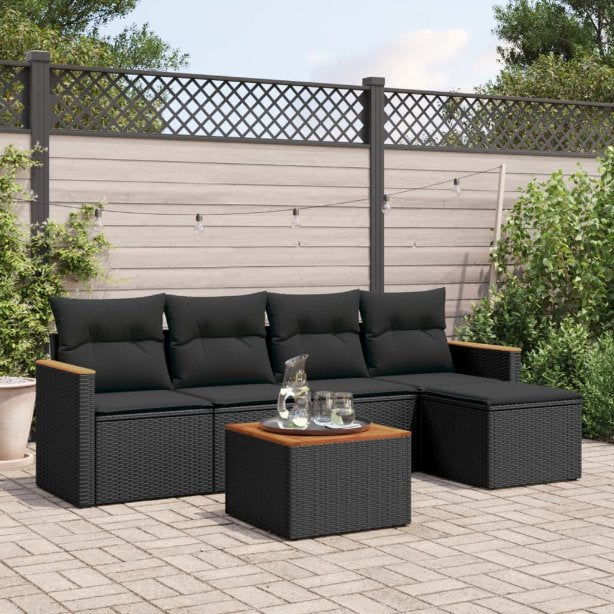 5-tlg. Garten-Sofagarnitur mit Kissen Schwarz Poly Rattan