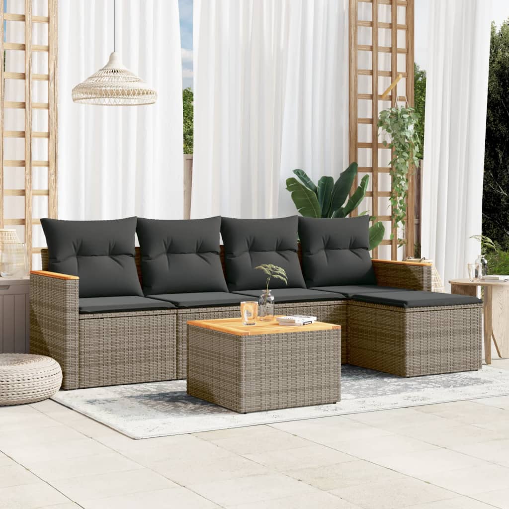 5-tlg. Garten-Sofagarnitur mit Kissen Schwarz Poly Rattan