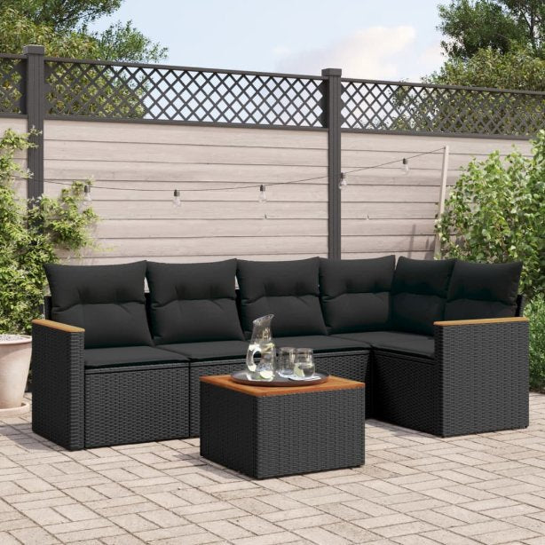 5-tlg. Garten-Sofagarnitur mit Kissen Schwarz Poly Rattan