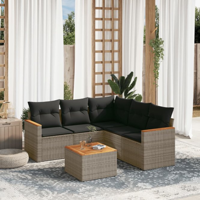 5-tlg. Garten-Sofagarnitur mit Kissen Schwarz Poly Rattan