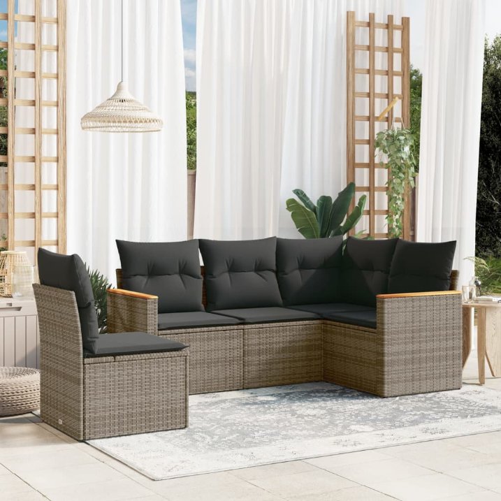 5-tlg. Garten-Sofagarnitur mit Kissen Schwarz Poly Rattan