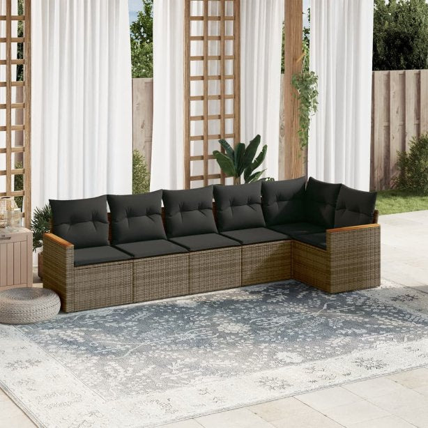 6-tlg. Garten-Sofagarnitur mit Kissen Schwarz Poly Rattan