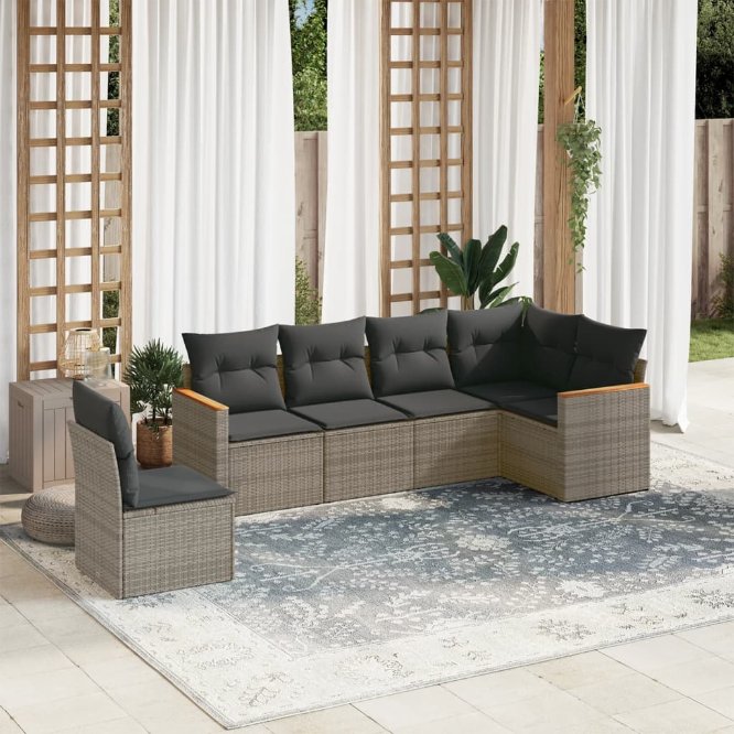 6-tlg. Garten-Sofagarnitur mit Kissen Schwarz Poly Rattan