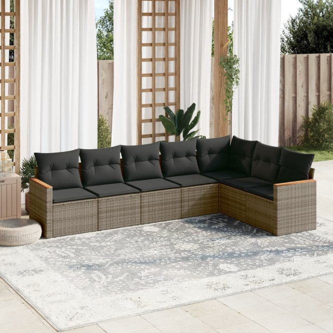 7-tlg. Garten-Sofagarnitur mit Kissen Schwarz Poly Rattan