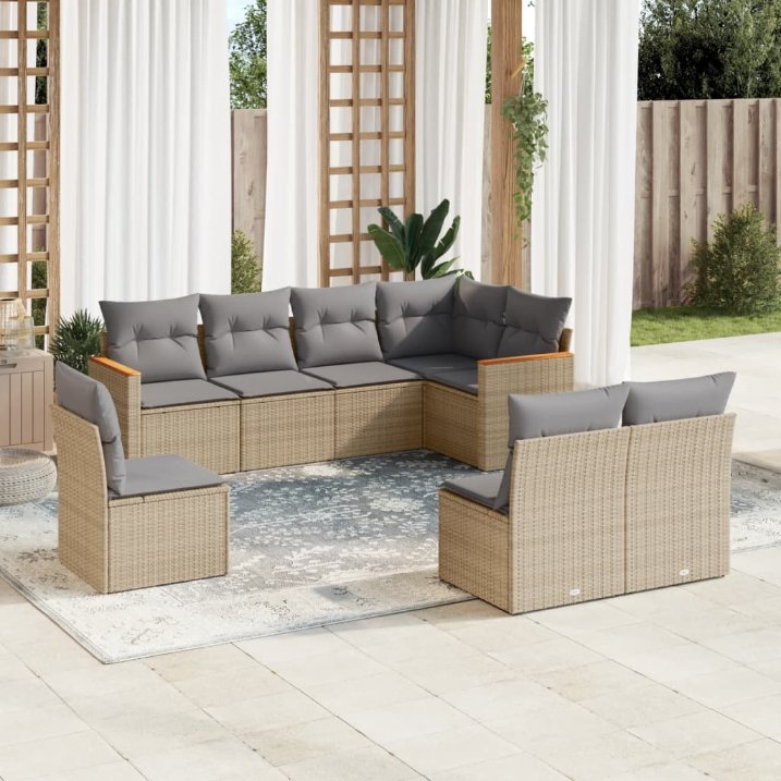8-tlg. Garten-Sofagarnitur mit Kissen Schwarz Poly Rattan