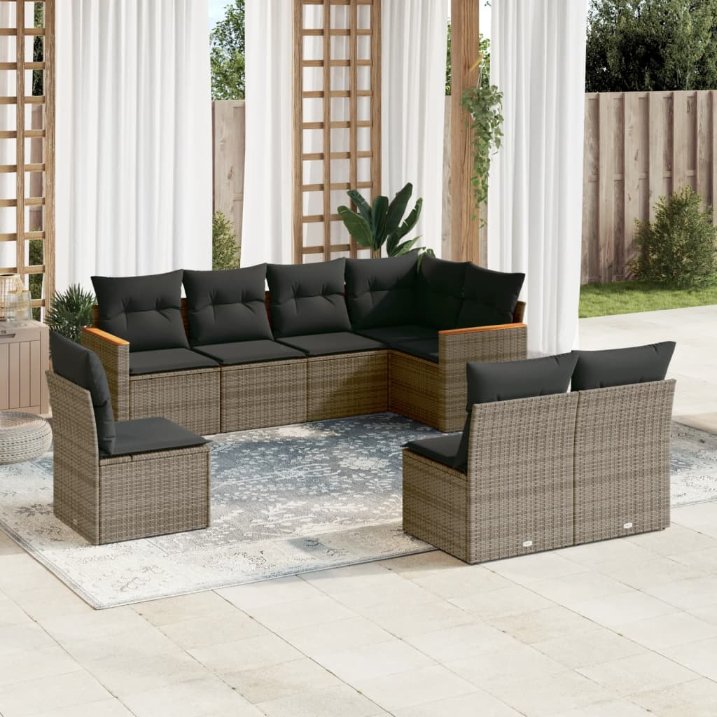 8-tlg. Garten-Sofagarnitur mit Kissen Schwarz Poly Rattan
