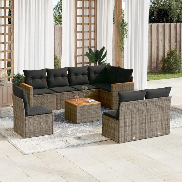 8-tlg. Garten-Sofagarnitur mit Kissen Schwarz Poly Rattan