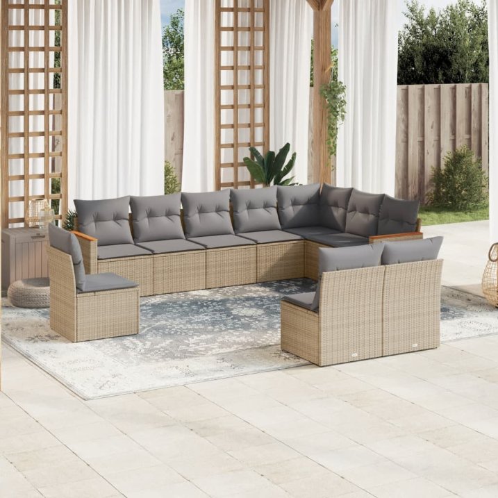vidaXL 10-tlg. Garten-Sofagarnitur mit Kissen Schwarz Poly Rattan