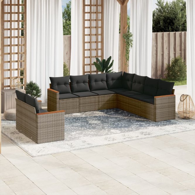 9-tlg. Garten-Sofagarnitur mit Kissen Schwarz Poly Rattan