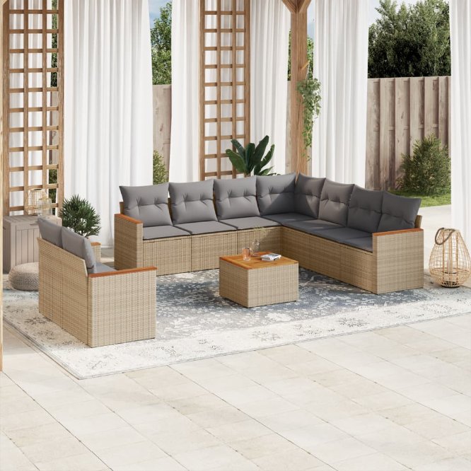 9-tlg. Garten-Sofagarnitur mit Kissen Schwarz Poly Rattan