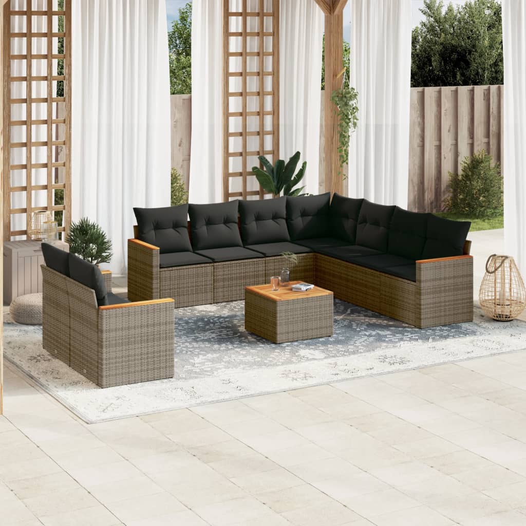 9-tlg. Garten-Sofagarnitur mit Kissen Schwarz Poly Rattan