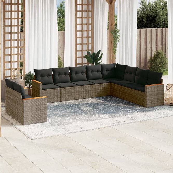 vidaXL 10-tlg. Garten-Sofagarnitur mit Kissen Schwarz Poly Rattan